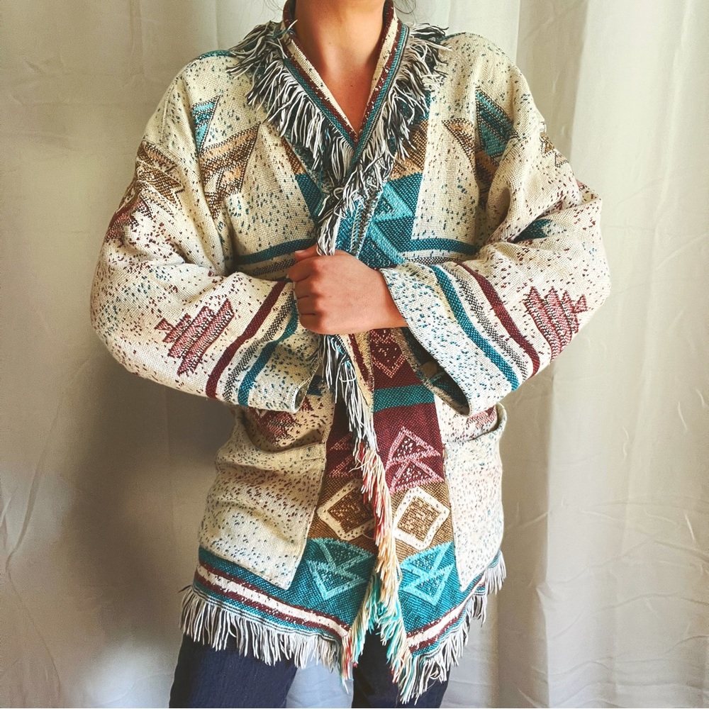 VTG Handmade Southwestern Aztec Native American Blanket Fringe Cardigan / Coat - Picture 7 of 16